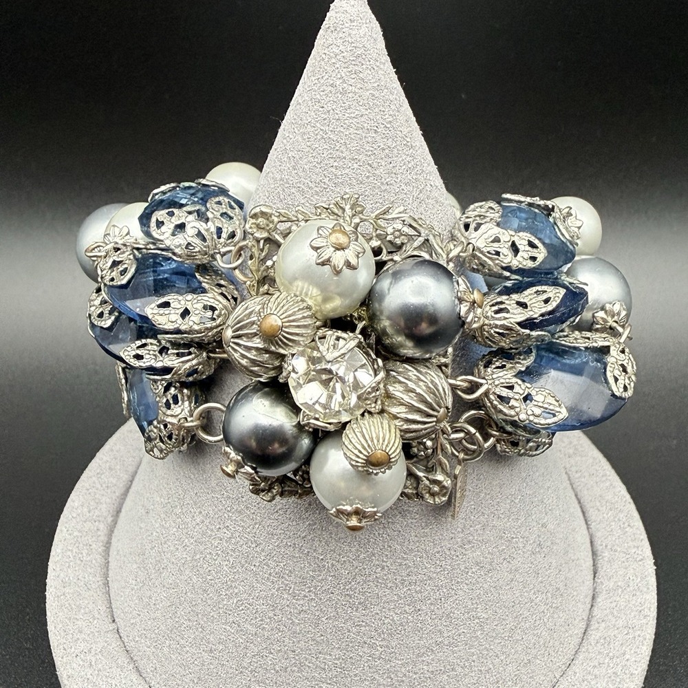 Vintage Kramer New York Blue Rhinestone Silver Tone Chunky Multi Strand Bracelet